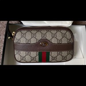 Gucci Brown Monogram Clutch Wristlet with Red and Green Stripe